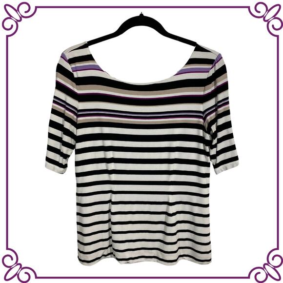 WHBM Striped Short Sleeve Round Neck Stretch Top MEDIUM - Picture 1 of 9